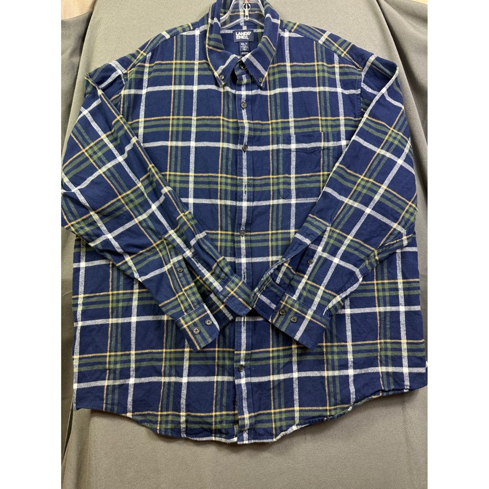 Lands‎ End Men 3XL Tall Flannel Shirt Navy Blue Green Plaid Traditional Fit 3XLT